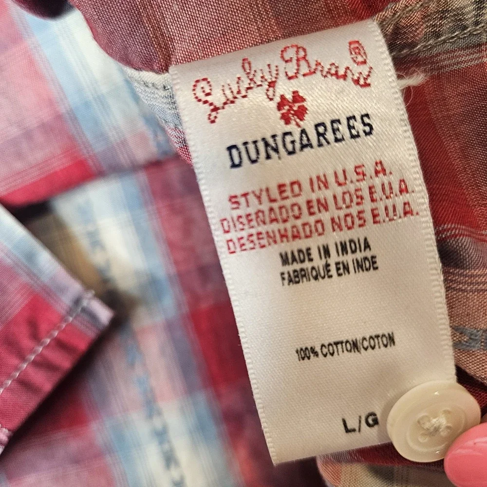 Lucky Brand Dungarees  Mens Pearlsnap Plaid L/S Shirt Size Large Red Western